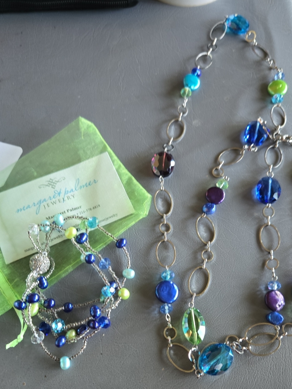 Margaret Palmer Blue & Green Beaded Necklace And Bracelet
